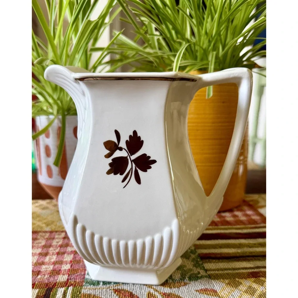 Vintage Wm Adams & Sons Ironstone Pitcher: Copper Lustre Leaf Acorn